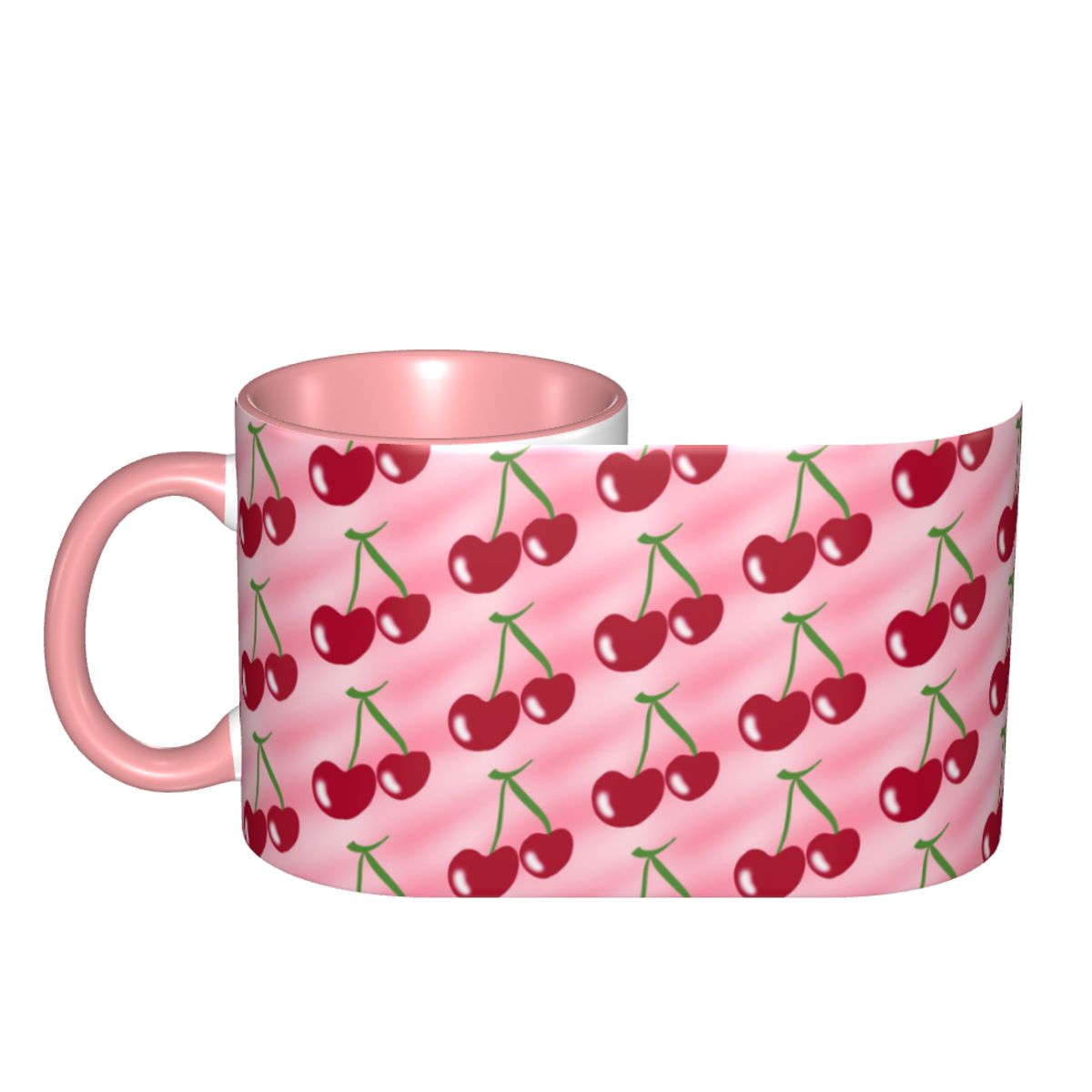 Coffee Tea Green - Red Cherry Green Stems Pink Mug